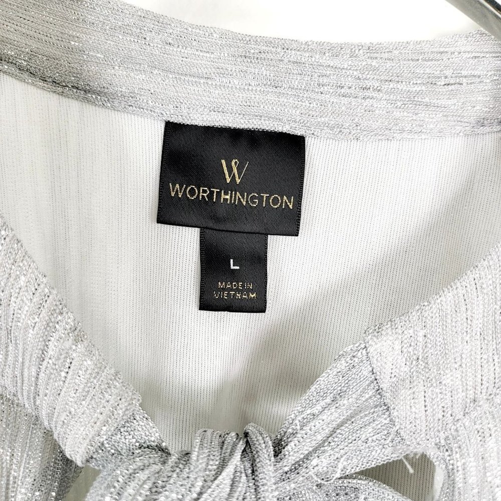 WORTHINGTON Silver Sparkle Halter Top LARGE Tie Neck Holiday Glitter Sleeveless - Picture 3 of 10